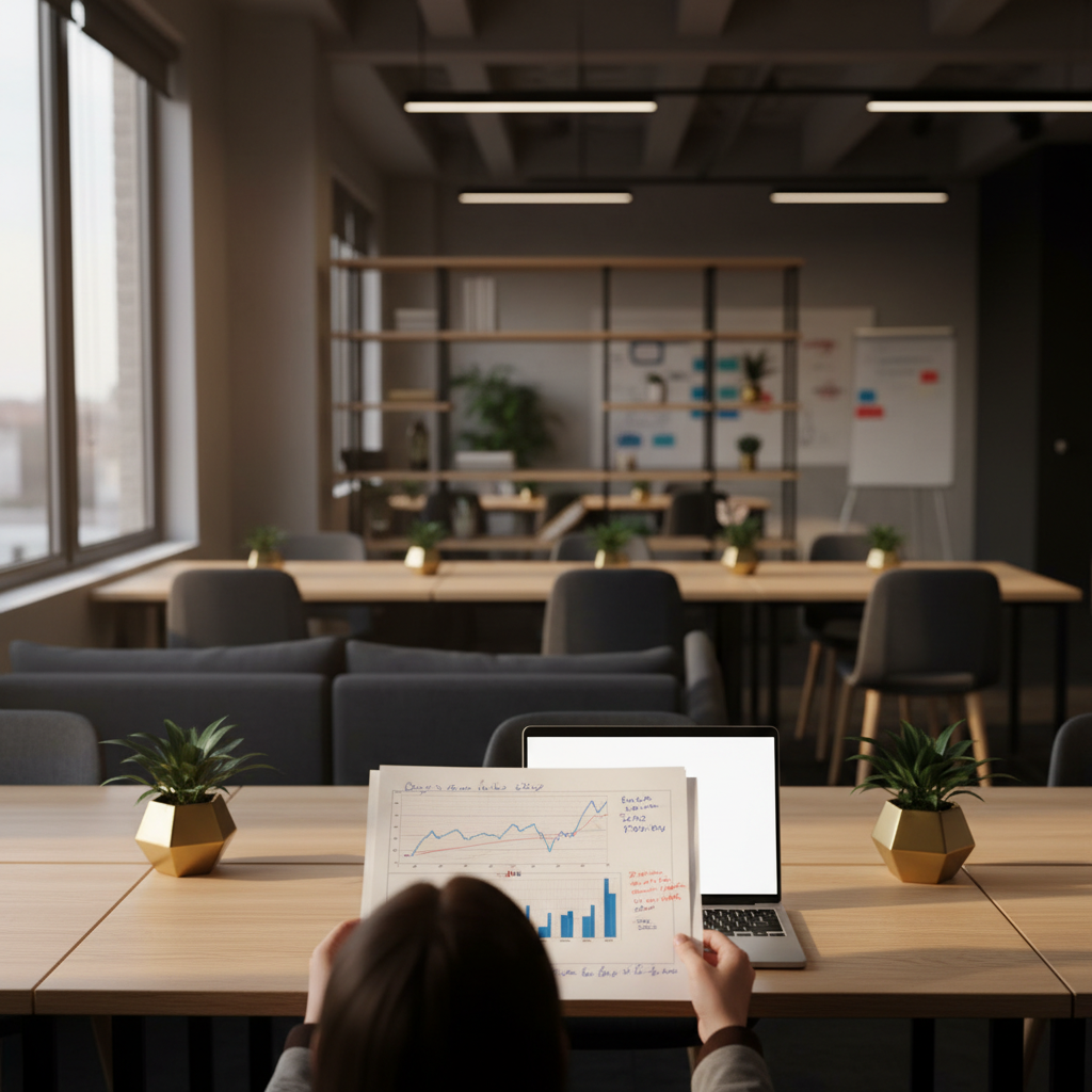 Focused person studying charts and notes in a modern, warmly lit co-working loft.