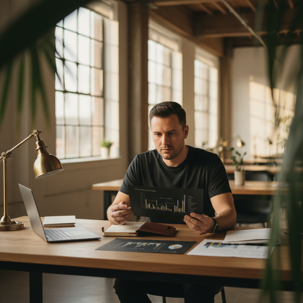 Focused professional reviewing handwritten notes and financial charts in a modern, well-lit co-working loft.
