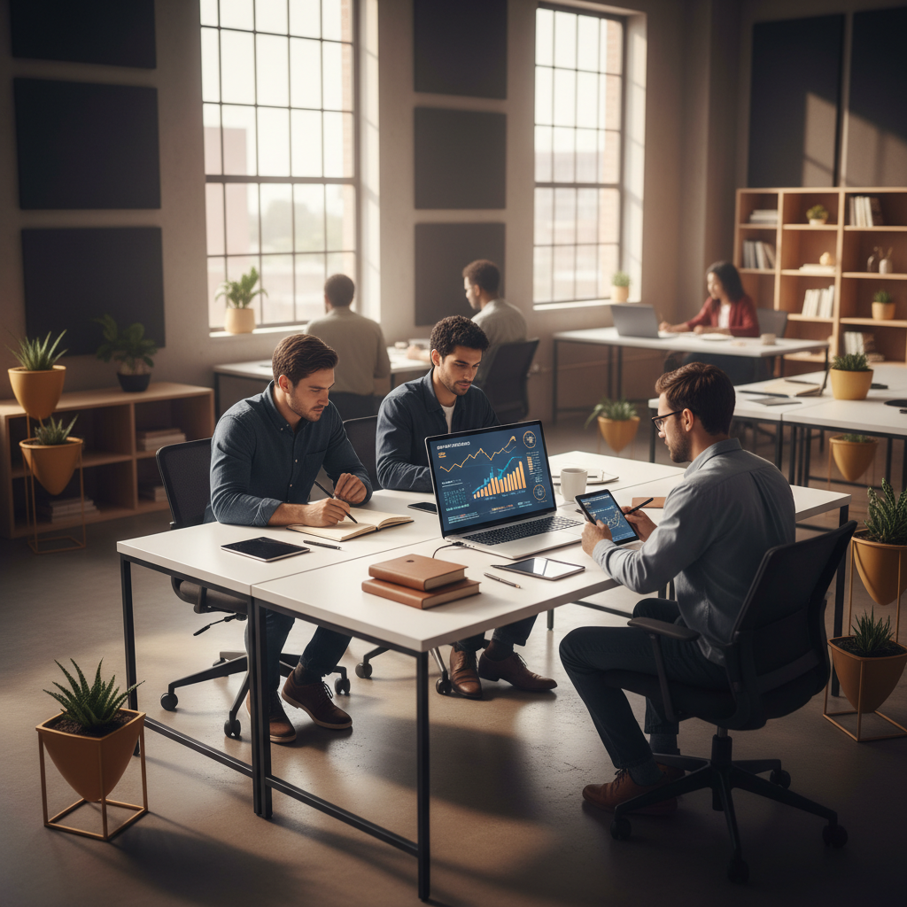 Focused team analyzing graphs and data on laptops in modern, warmly lit co-working space.