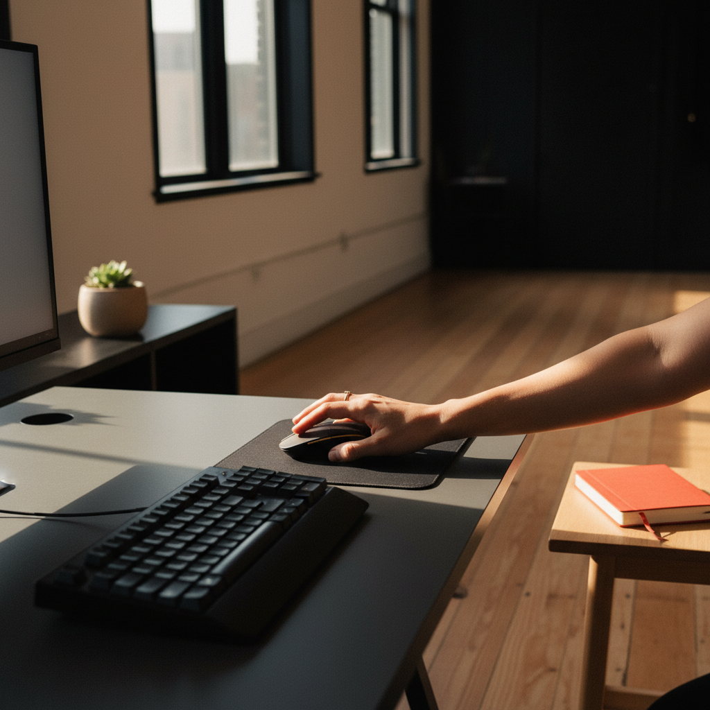 Hand hovering over gold-accented mouse at minimal workspace with natural light and warm tones.