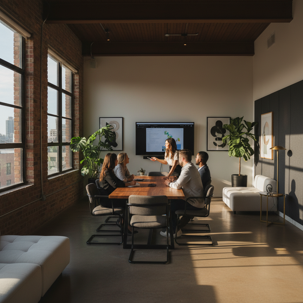 Diverse professionals collaborate around a wooden table in a modern, sunlit co-working loft.