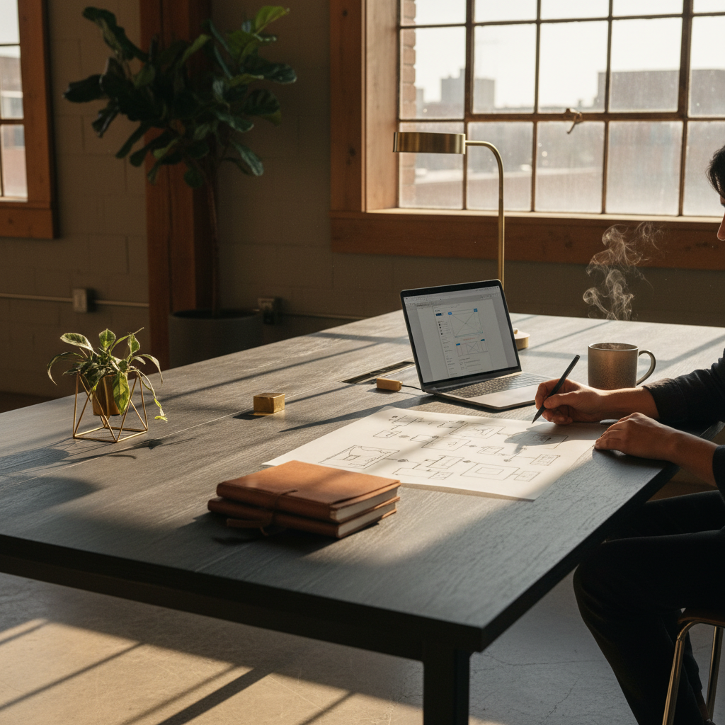 Hands sketching flowcharts beside a laptop in a modern, well-lit co-working loft.