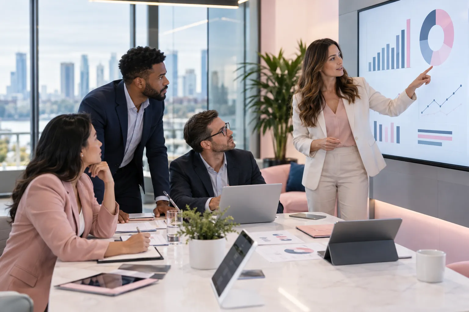 Business professionals collaborating on strategic planning around a conference table