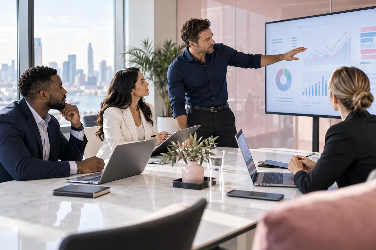 Business professionals collaborating on Amazon FBA strategy in modern office