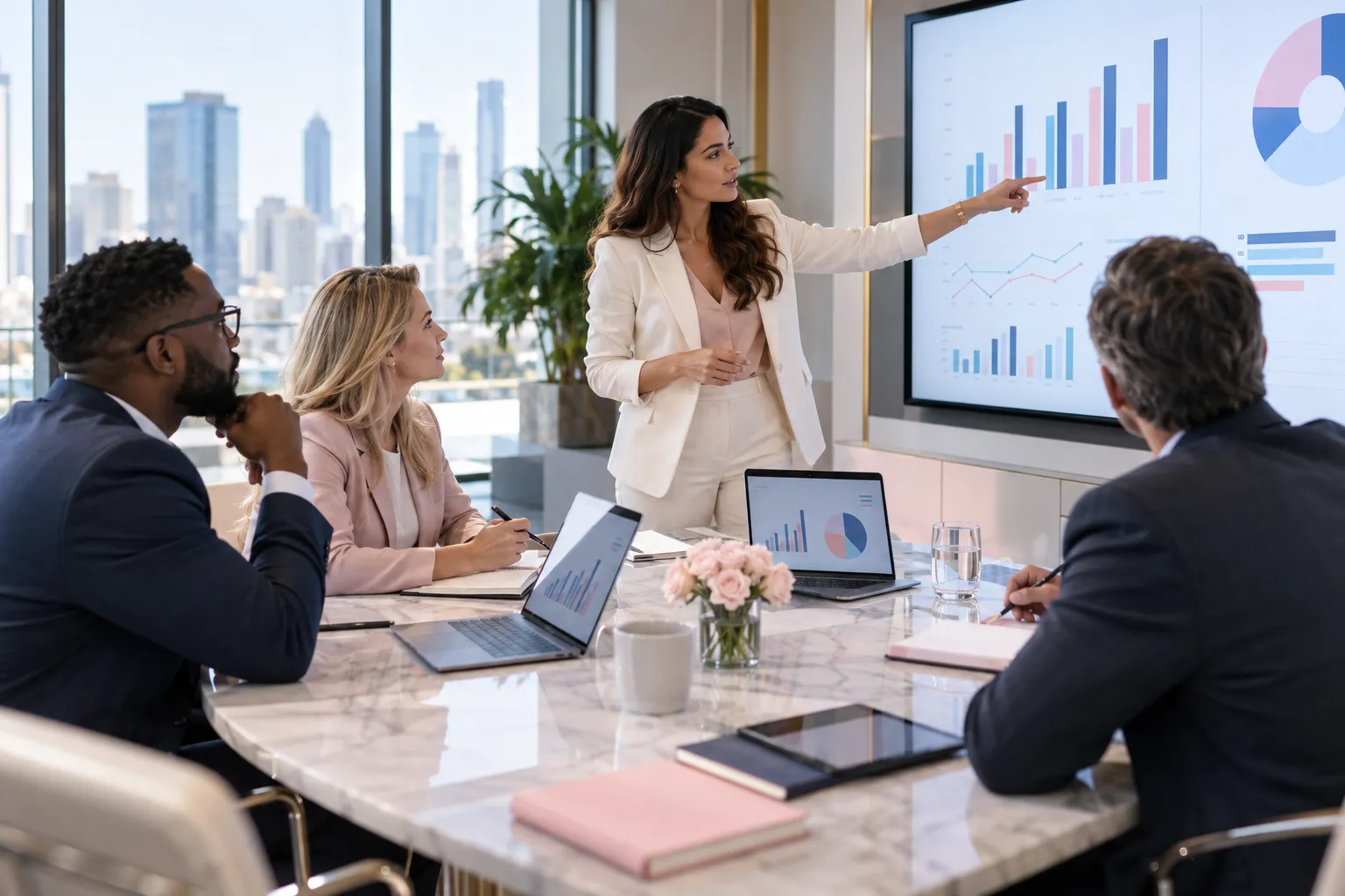 Business professionals collaborating on PPC training strategy in modern office