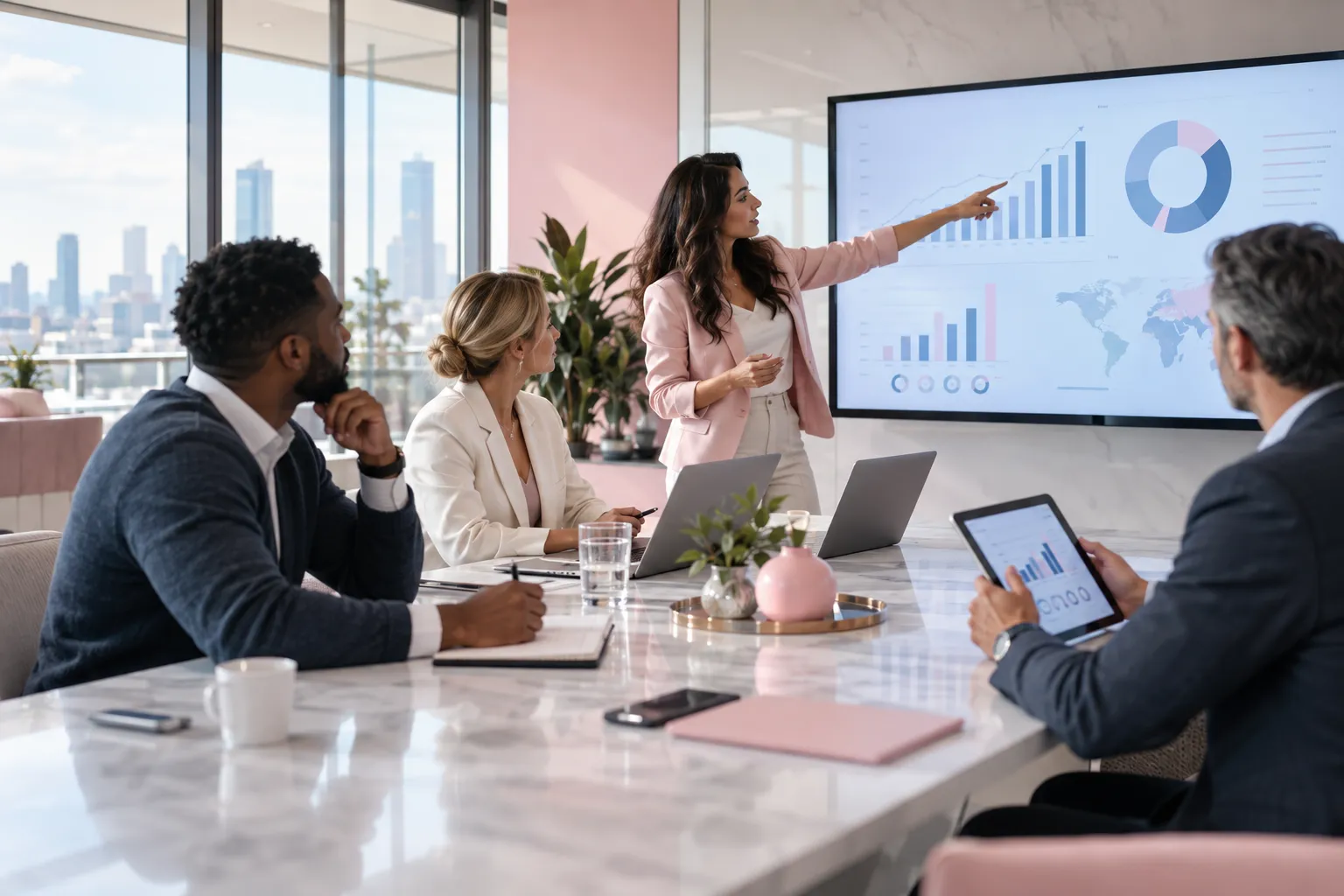 Amazon FBA sellers collaborate around a strategy table, evaluating growth investments