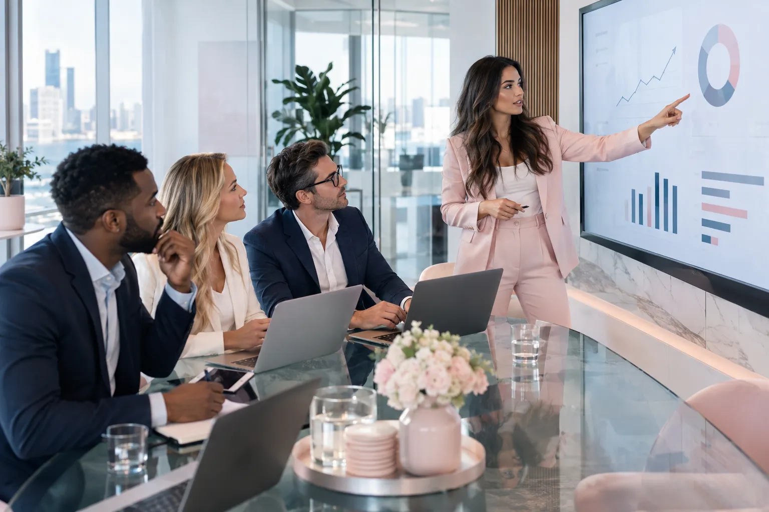 Business professionals collaborating on Amazon FBA growth strategy in modern office