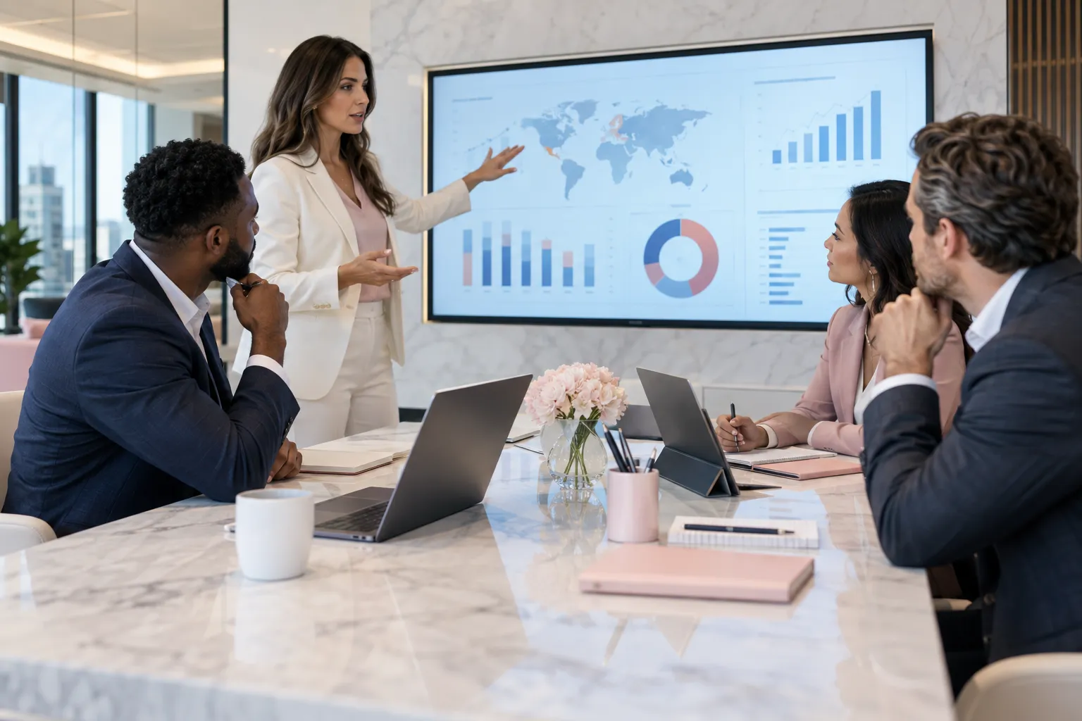 Business professionals collaborating on Amazon FBA vendor pricing strategy in modern office