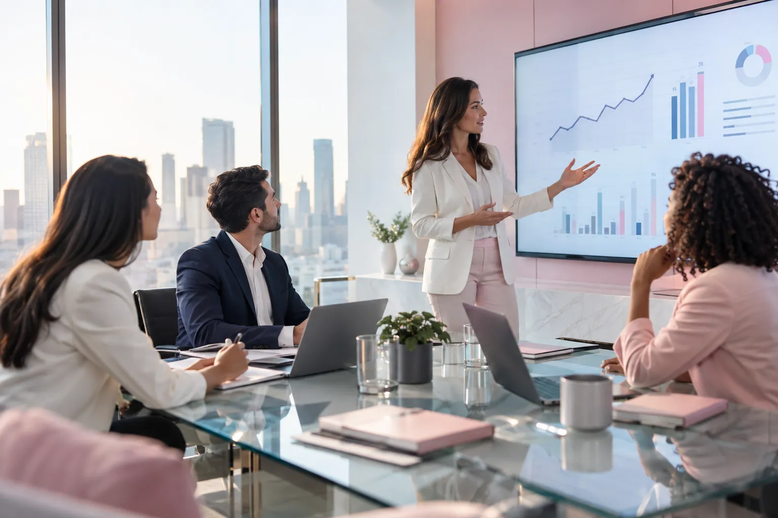 Business professionals collaborating on Amazon FBA pricing strategy in modern office