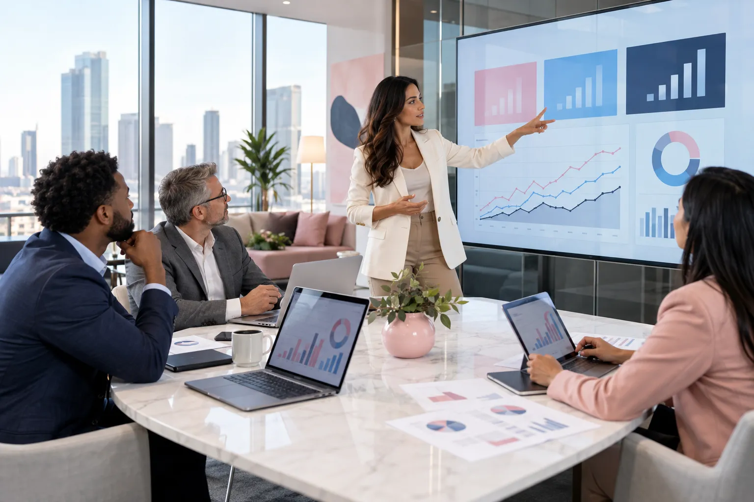 Three pricing tier charts compared in a modern business planning office