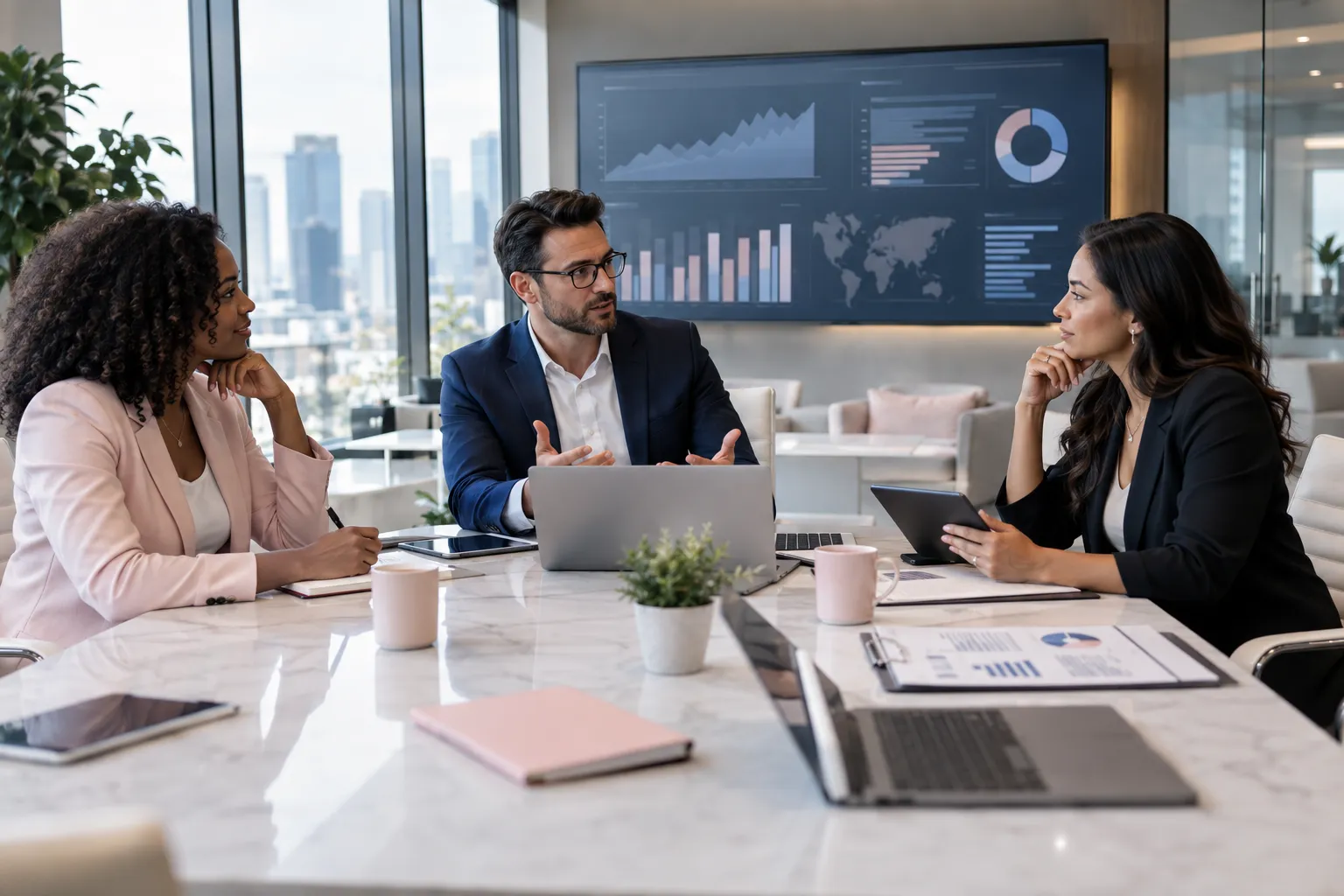 Two Amazon FBA sellers reviewing a coaching checklist in a modern office