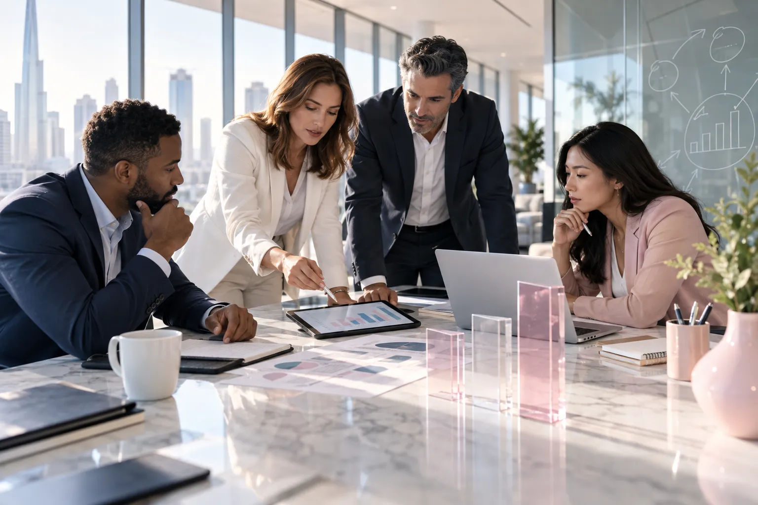 Amazon FBA sellers collaborate on pricing strategy in a modern workshop