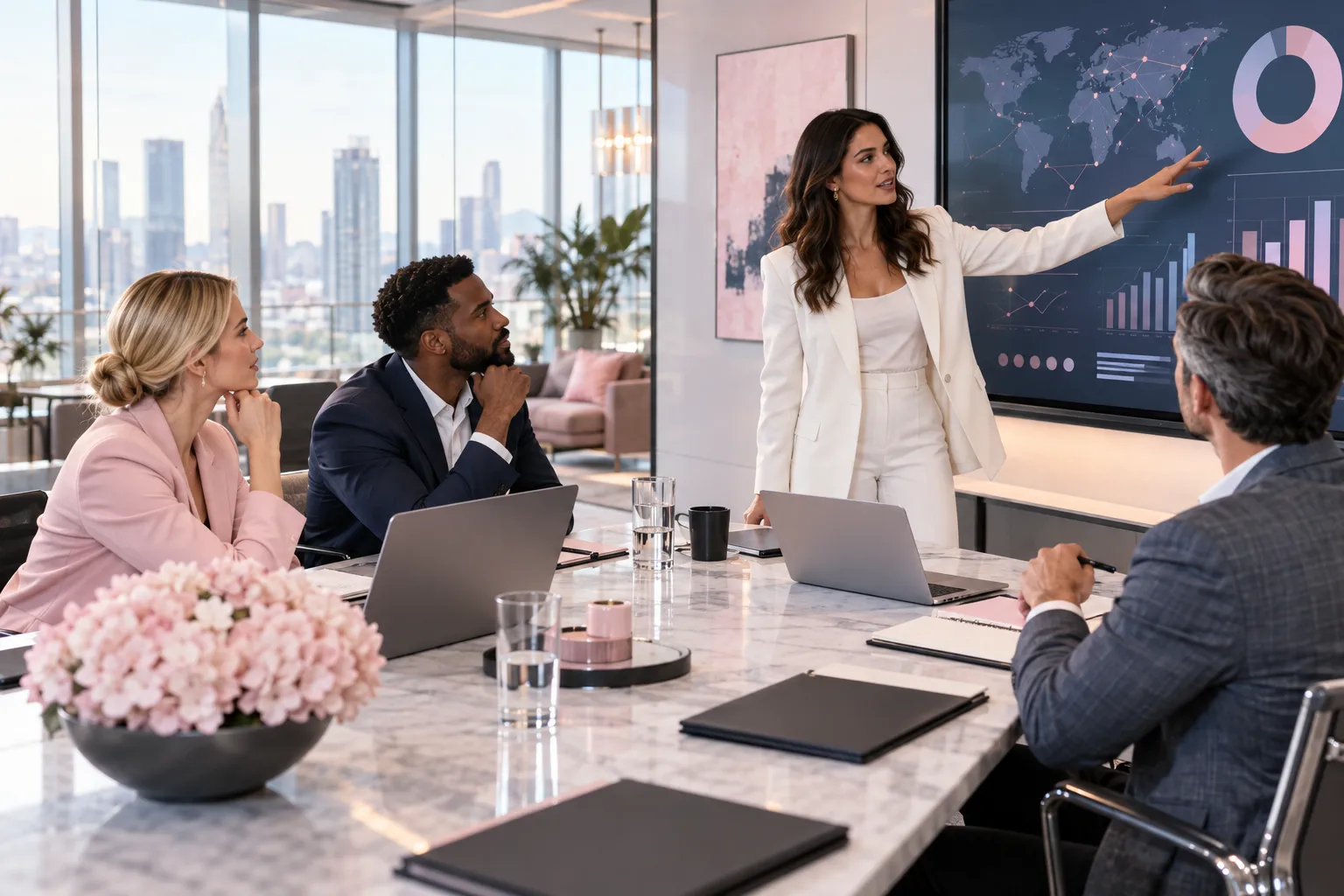 Business professionals collaborate on strategic planning in a modern office
