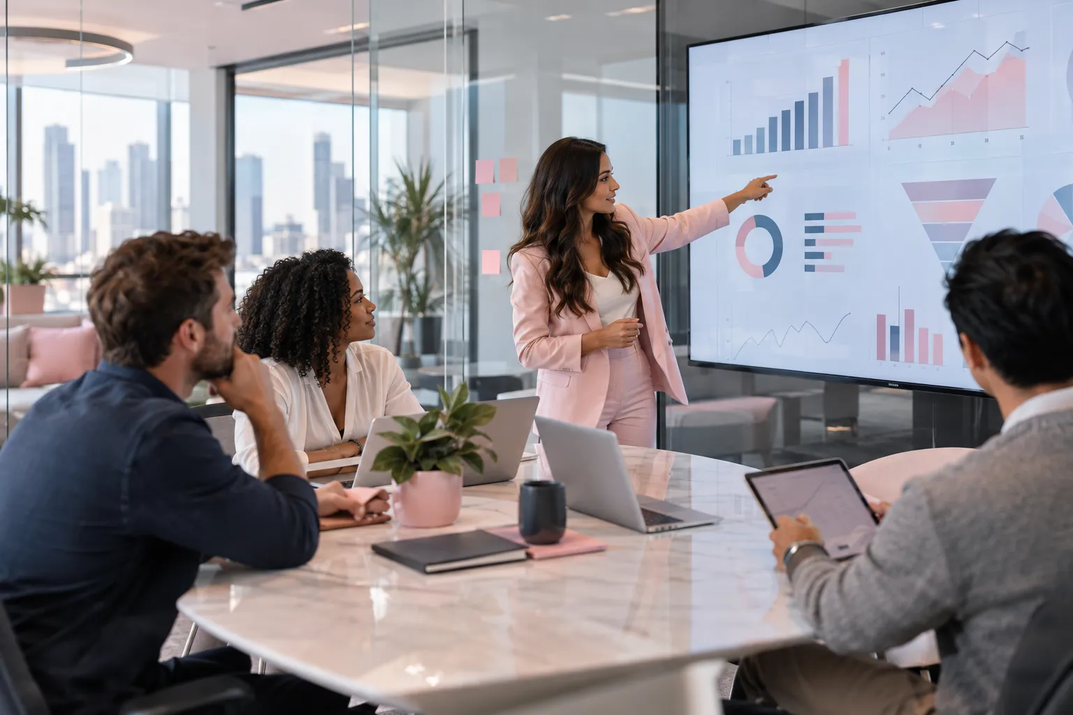 Business professionals collaborating on Amazon FBA scaling strategy in modern office