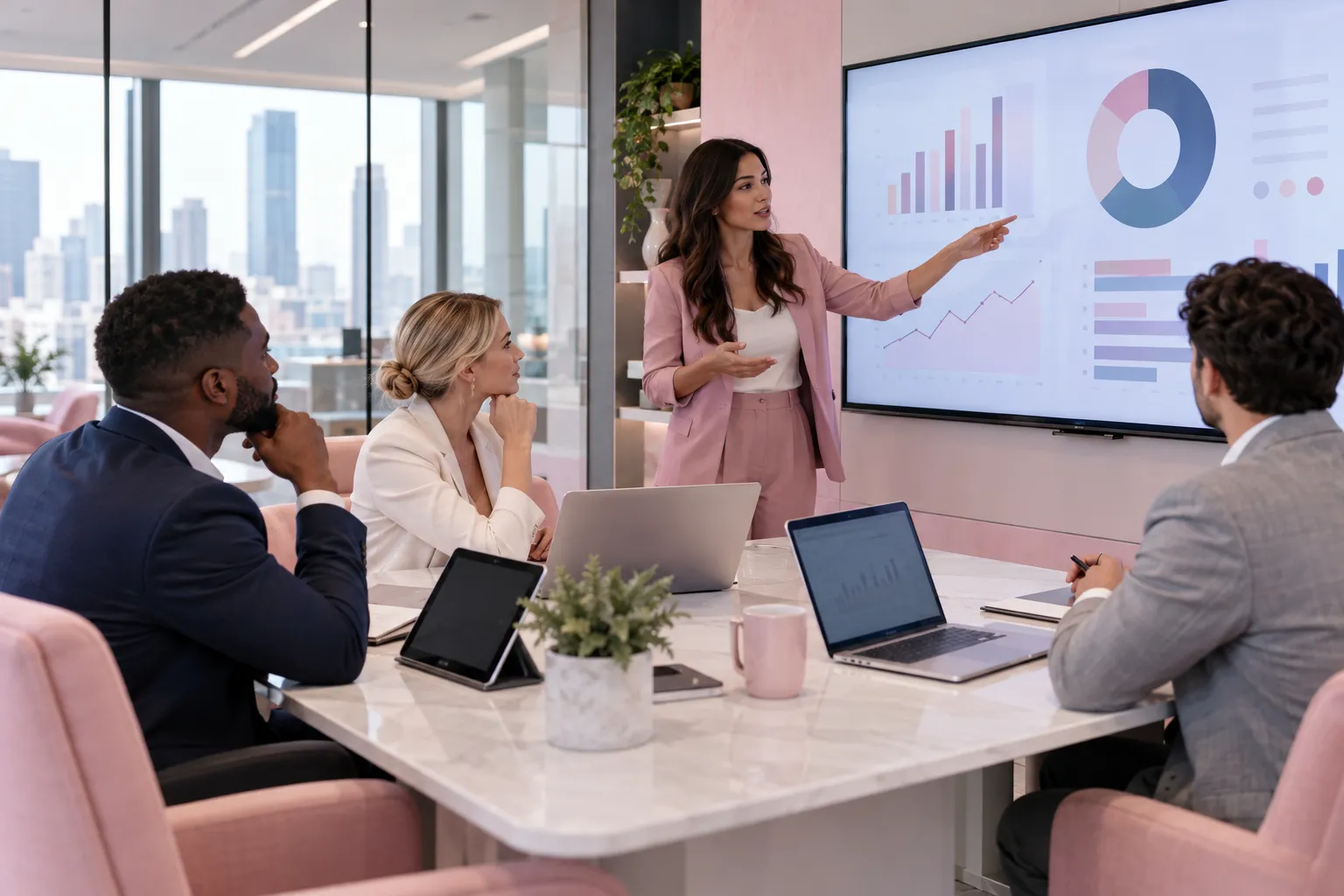 Business professionals collaborating on Amazon FBA strategy planning with charts