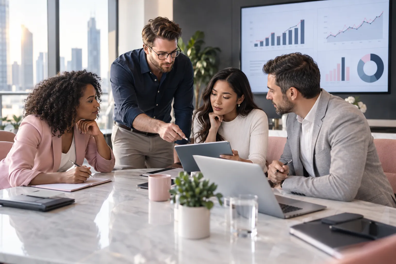 Business professionals comparing workshop pricing models in a modern office