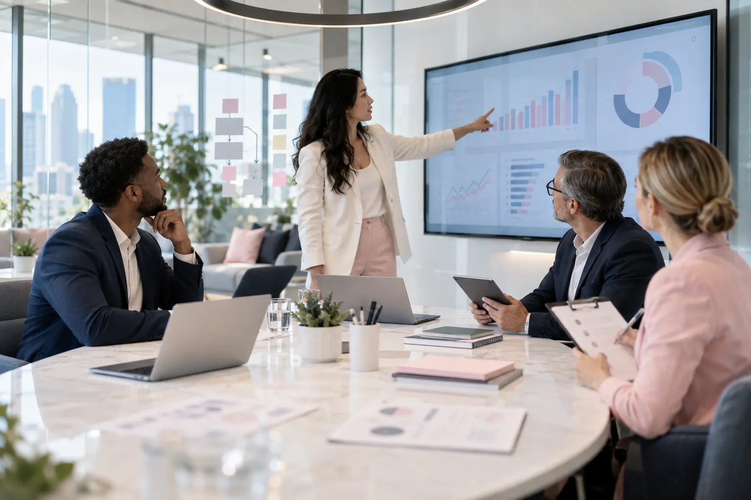 Diverse business professionals collaborating on laptops in modern office, planning strategy