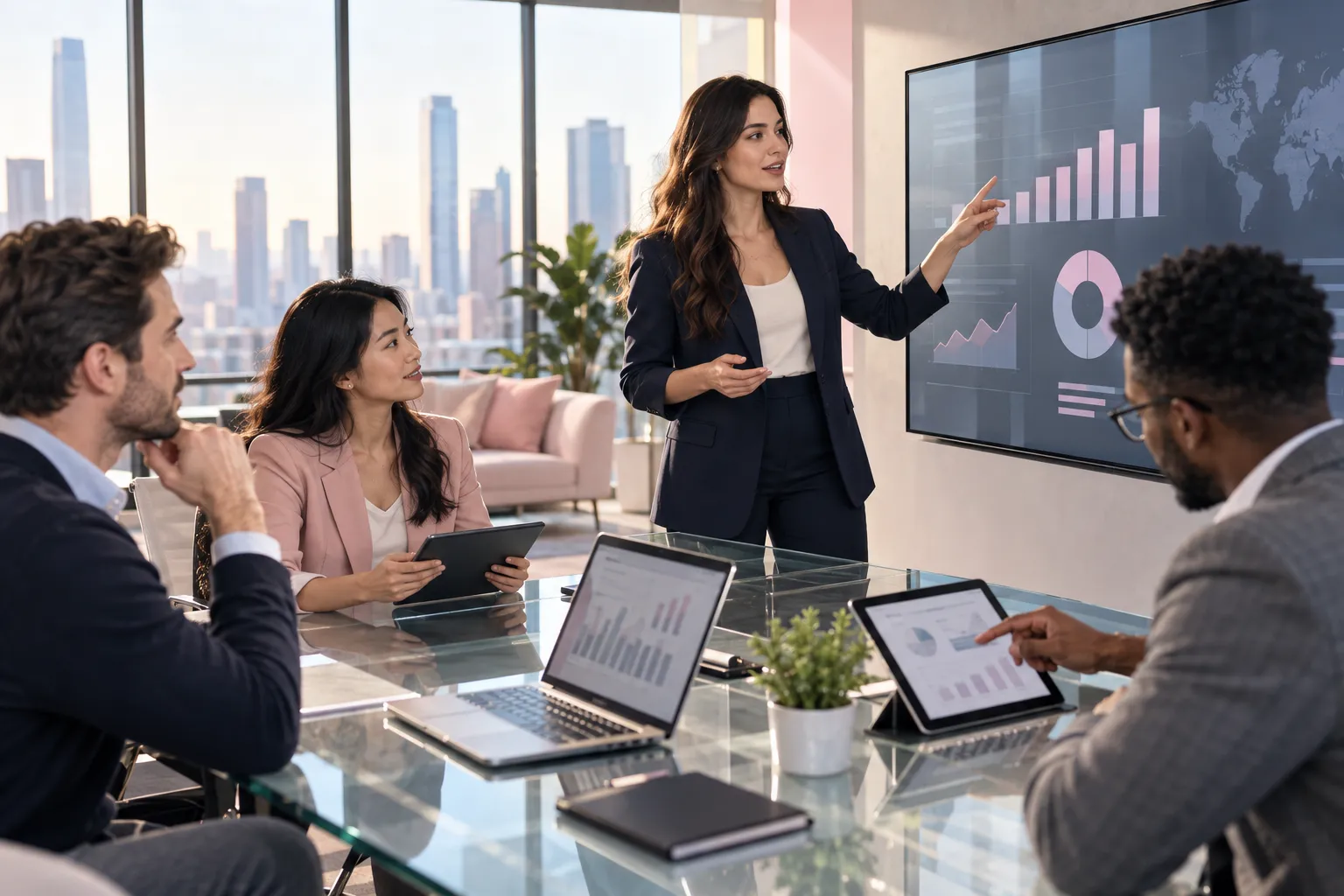 Business professionals collaborating on Amazon FBA strategy in modern office