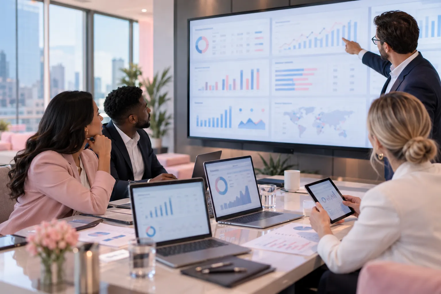 Business professionals collaborating on Amazon FBA cost strategy in modern office