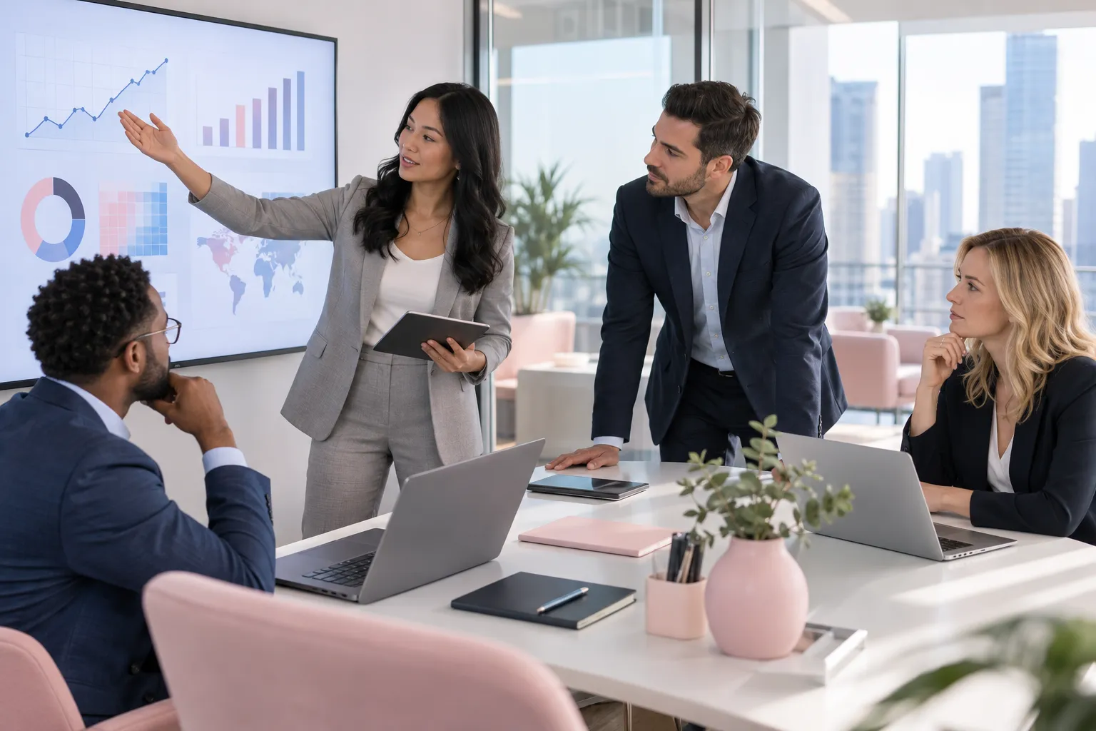Business professionals collaborating around table reviewing Amazon seller community data