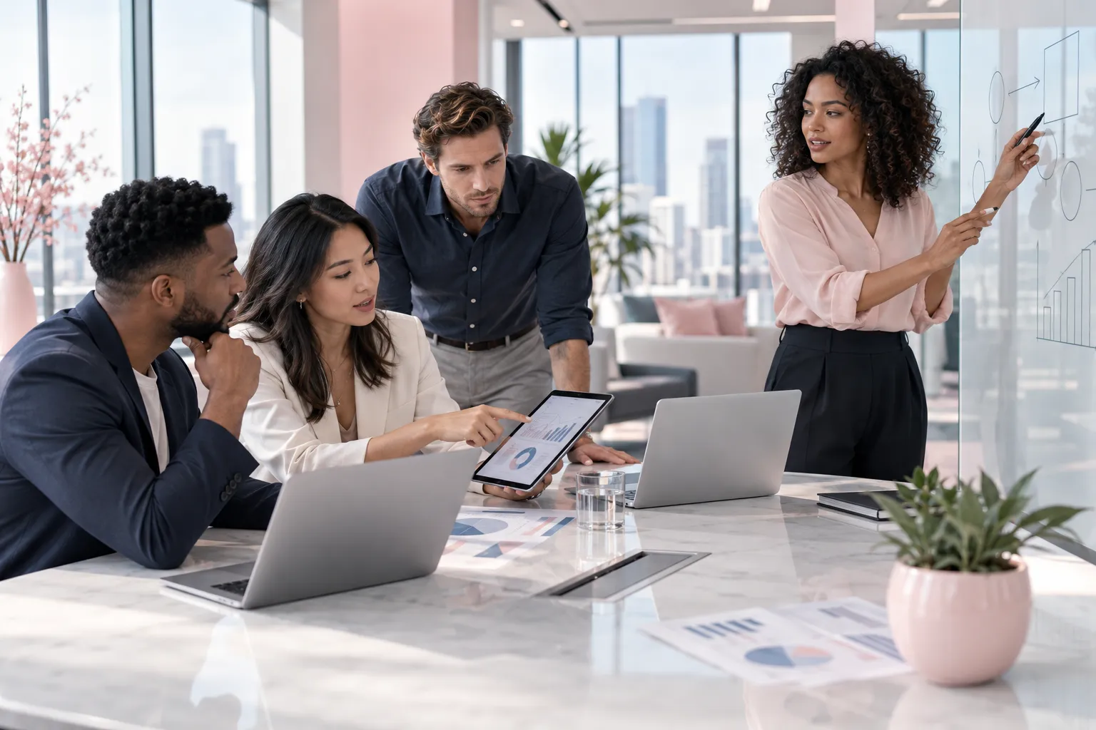 Amazon FBA sellers collaborating on strategic planning in modern office