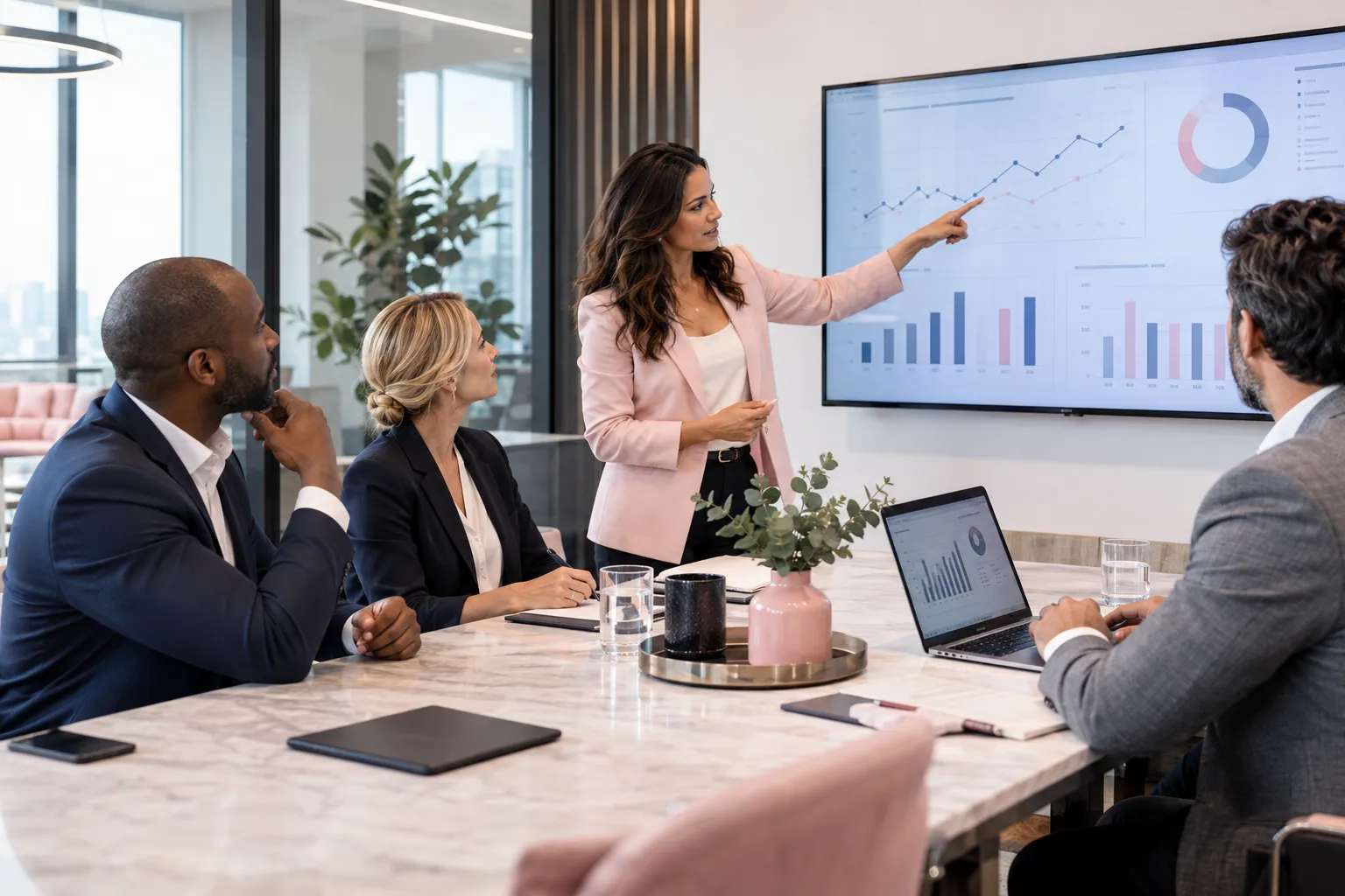 Business professionals collaborating on strategy evaluation in modern office setting