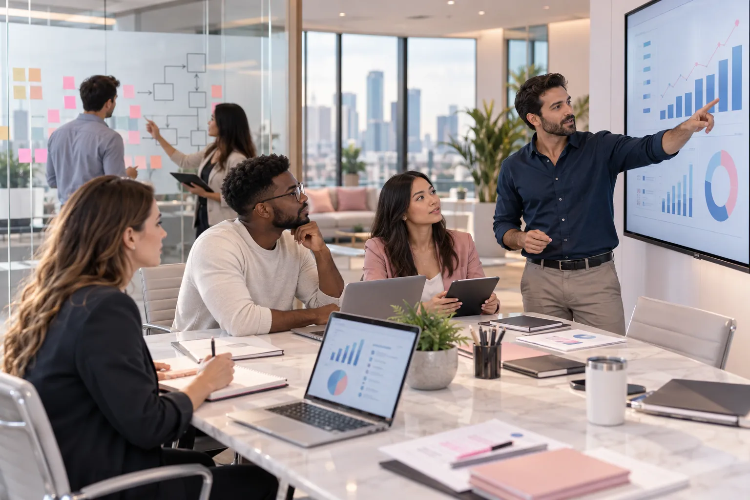 Diverse Amazon FBA sellers collaborating around planning table in modern office