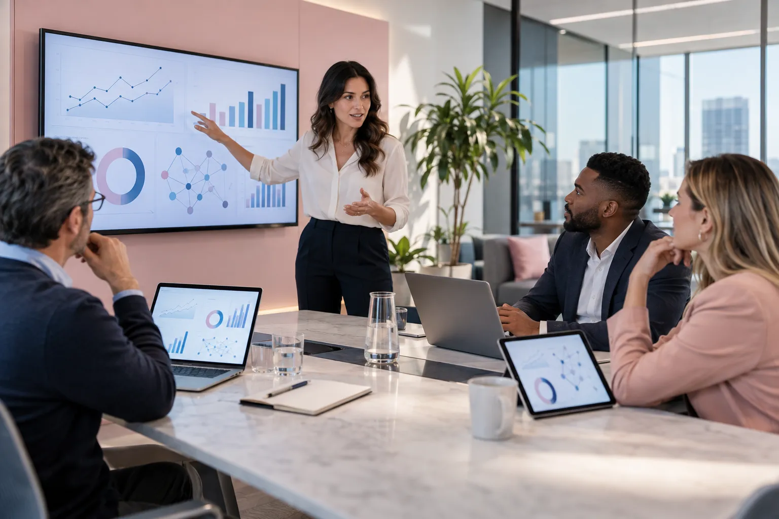 Diverse business professionals collaborating on cross-channel selling strategy around conference table