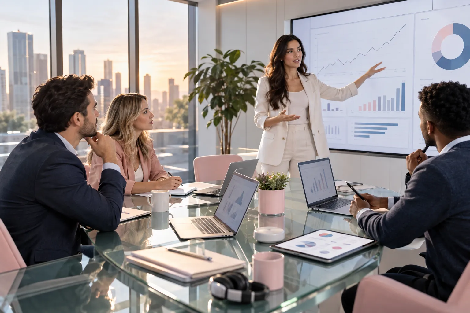 Professional Amazon FBA sellers collaborating on arbitrage strategy in modern office