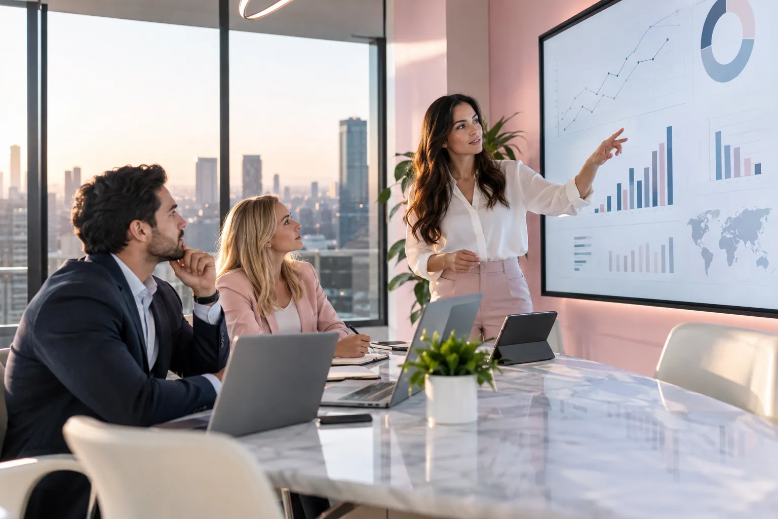Business professionals collaborating on Amazon FBA launch strategy in modern office