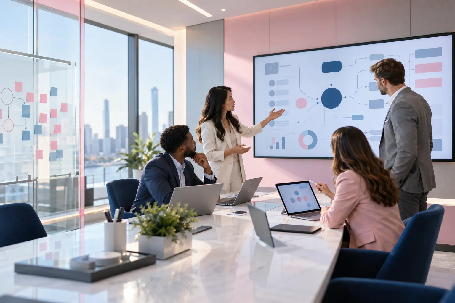 Business professionals collaborating on Amazon FBA strategy planning in modern office