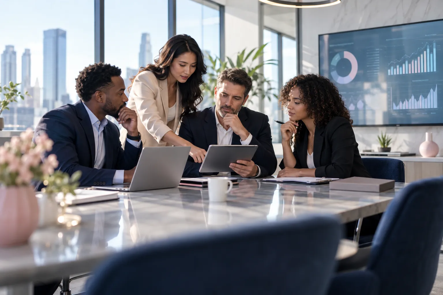 Business professionals collaborating on strategy around a table in a modern office