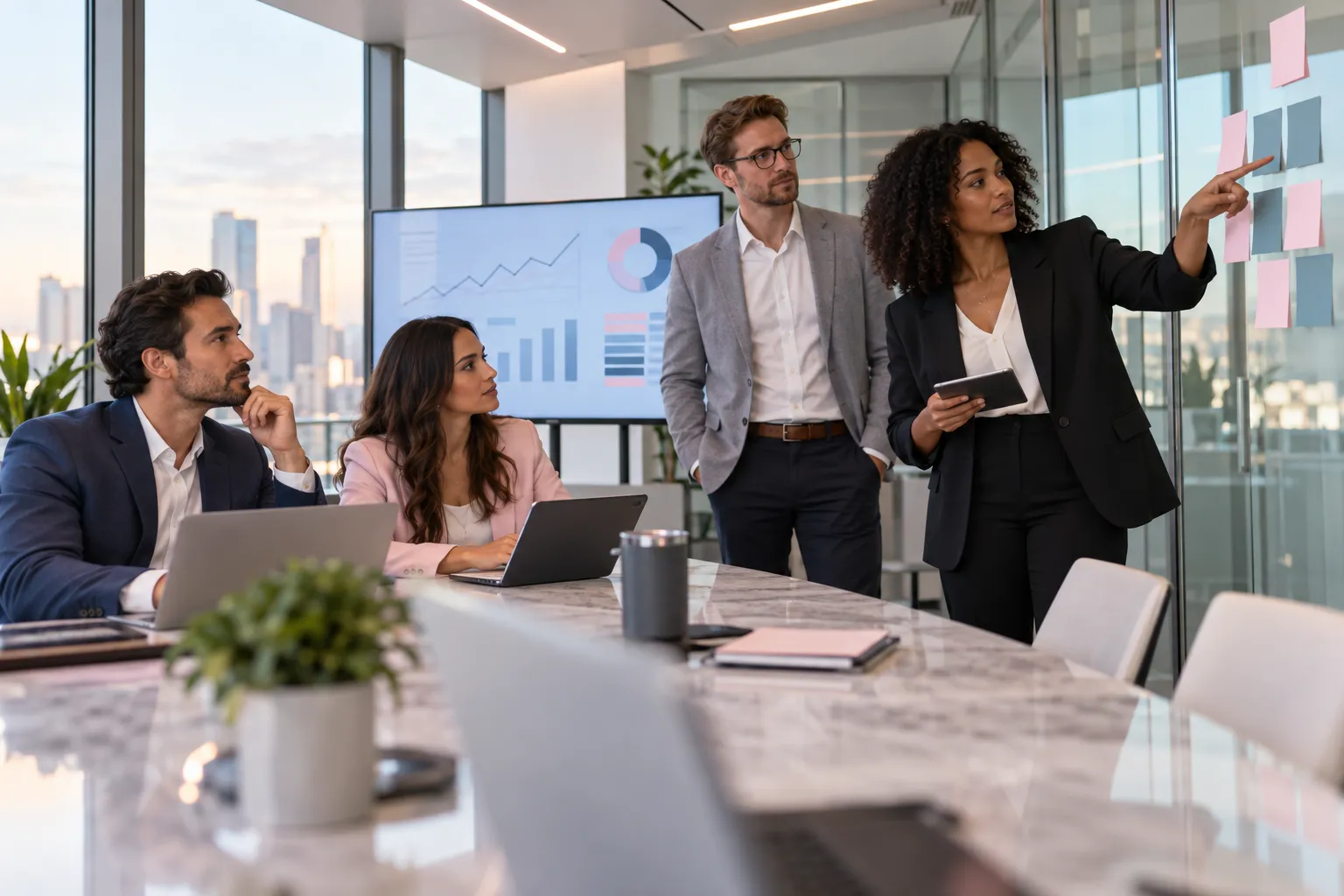 Professional Amazon FBA sellers collaborating on review management strategy in modern office