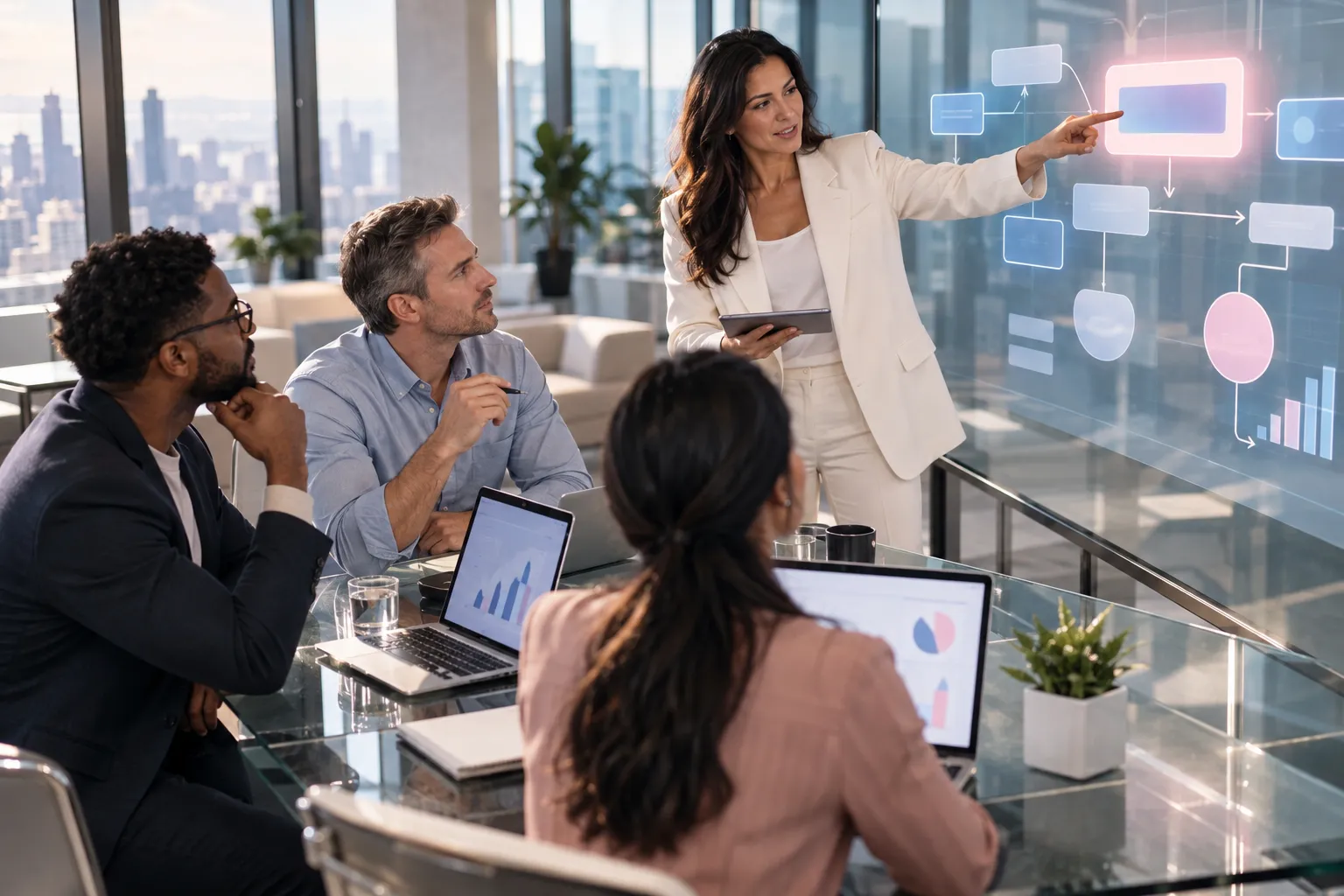 Business professionals collaborating on Amazon FBA strategy in modern office