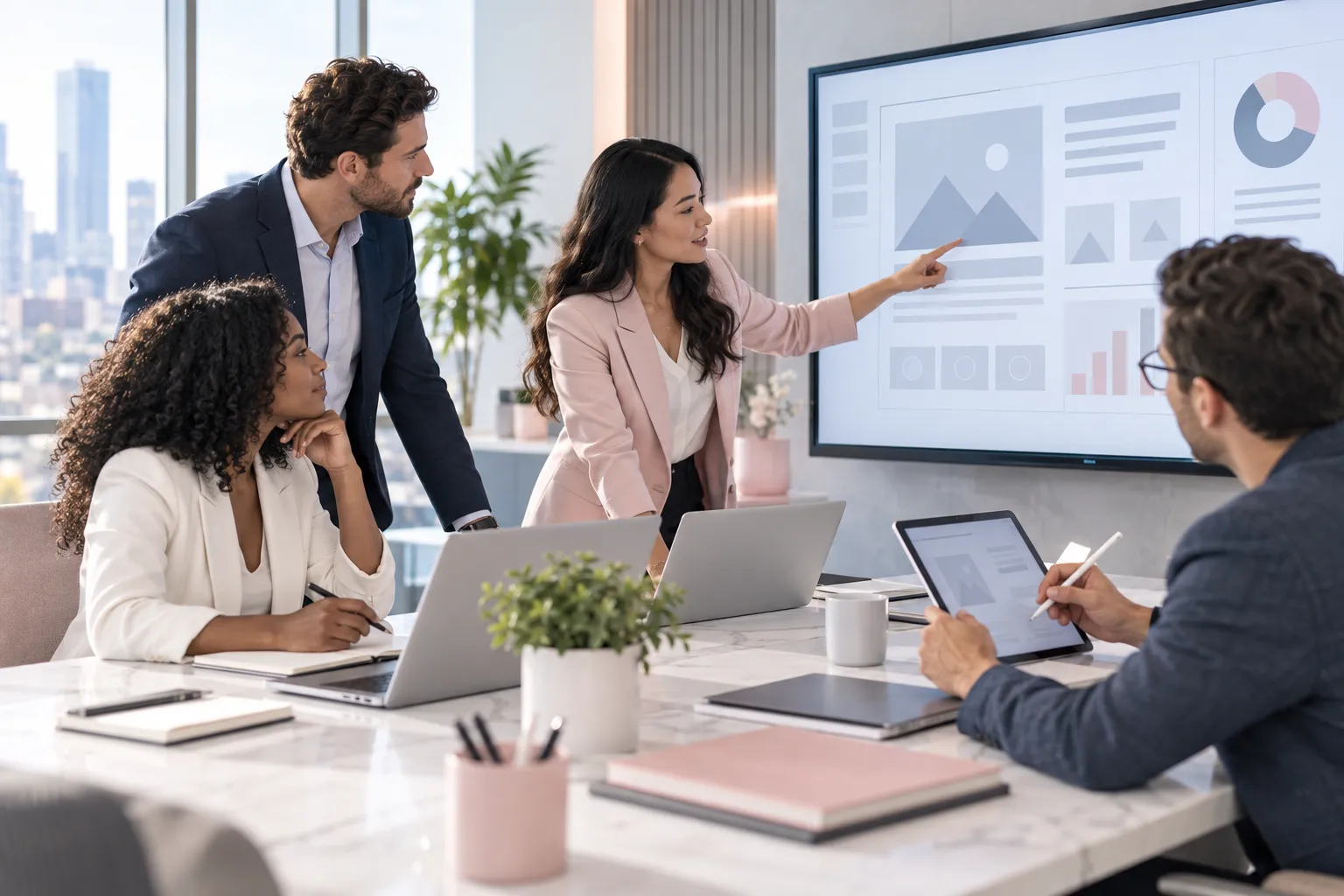 Business professionals collaborating on Amazon A+ content strategy in modern office