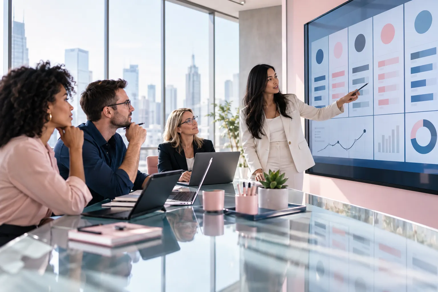 Business professionals collaborating on Amazon seller training evaluation in modern office