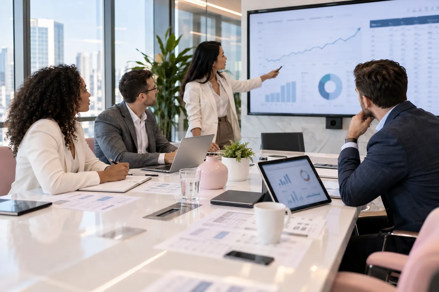 Business professionals collaborating on ROI strategy planning around modern office table