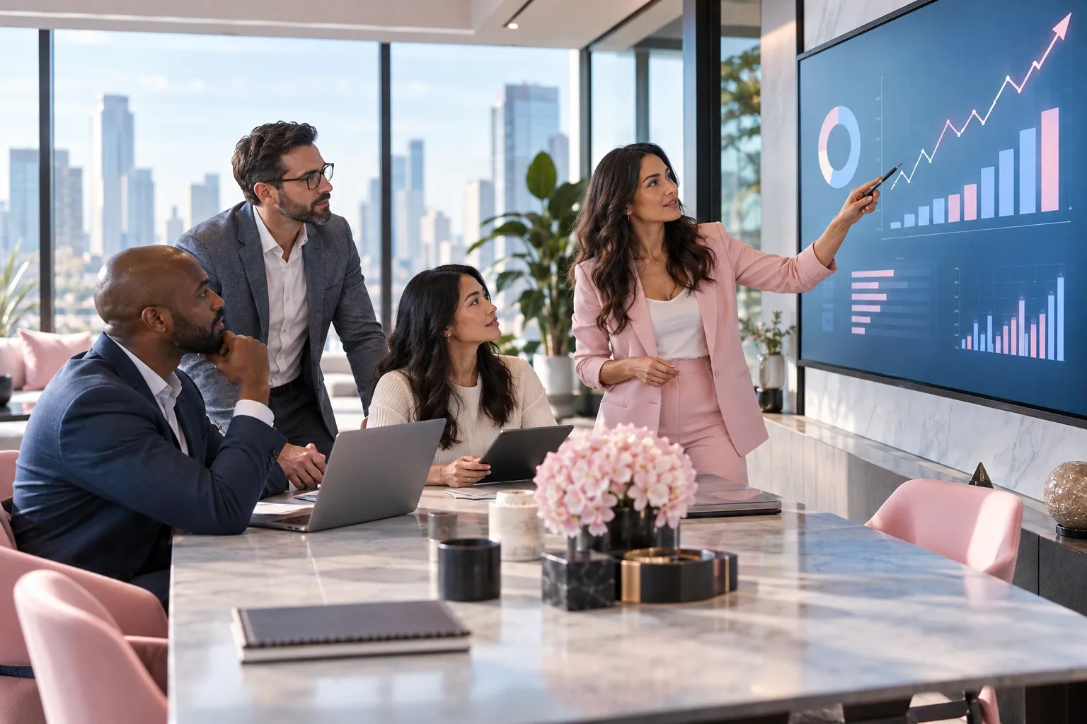 Business professionals collaborating on Amazon FBA scaling strategy in modern office