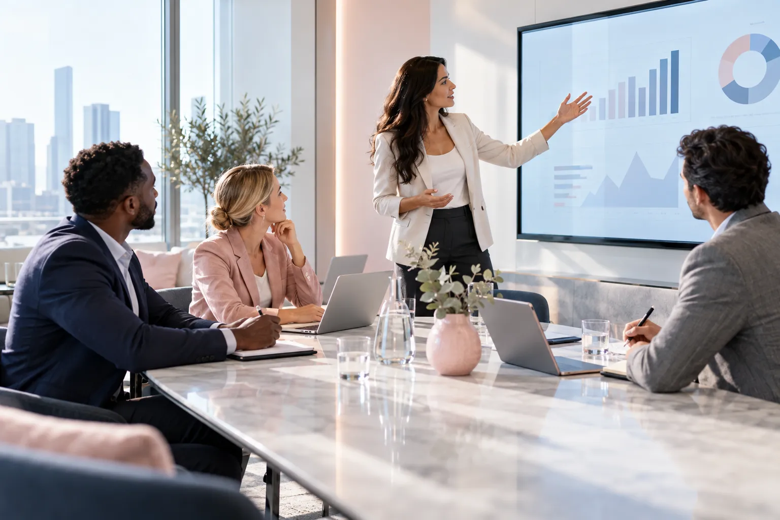 Business professionals collaborating on Amazon FBA scaling strategy in modern office