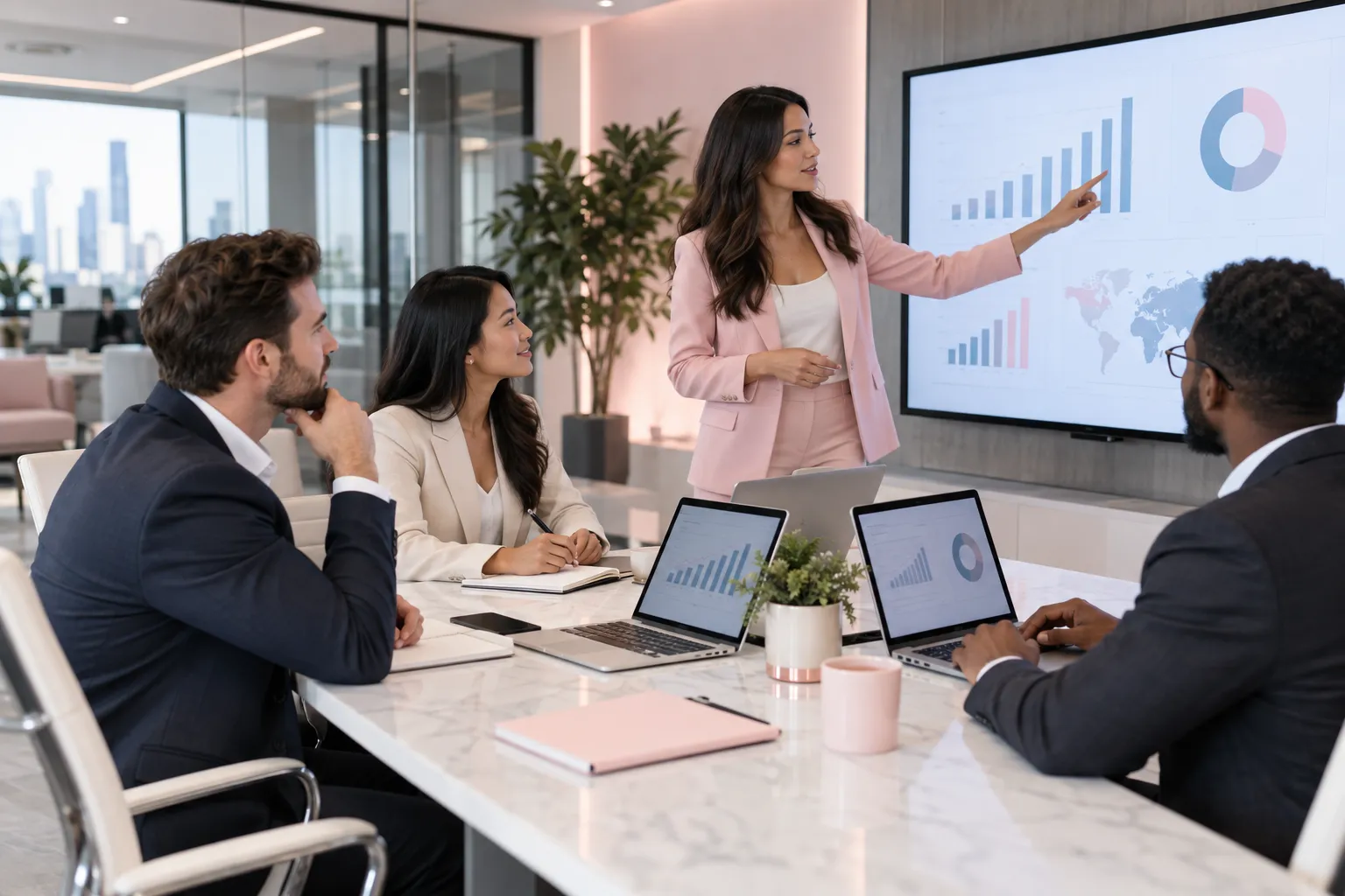 Diverse business professionals collaborating on strategic planning in modern office