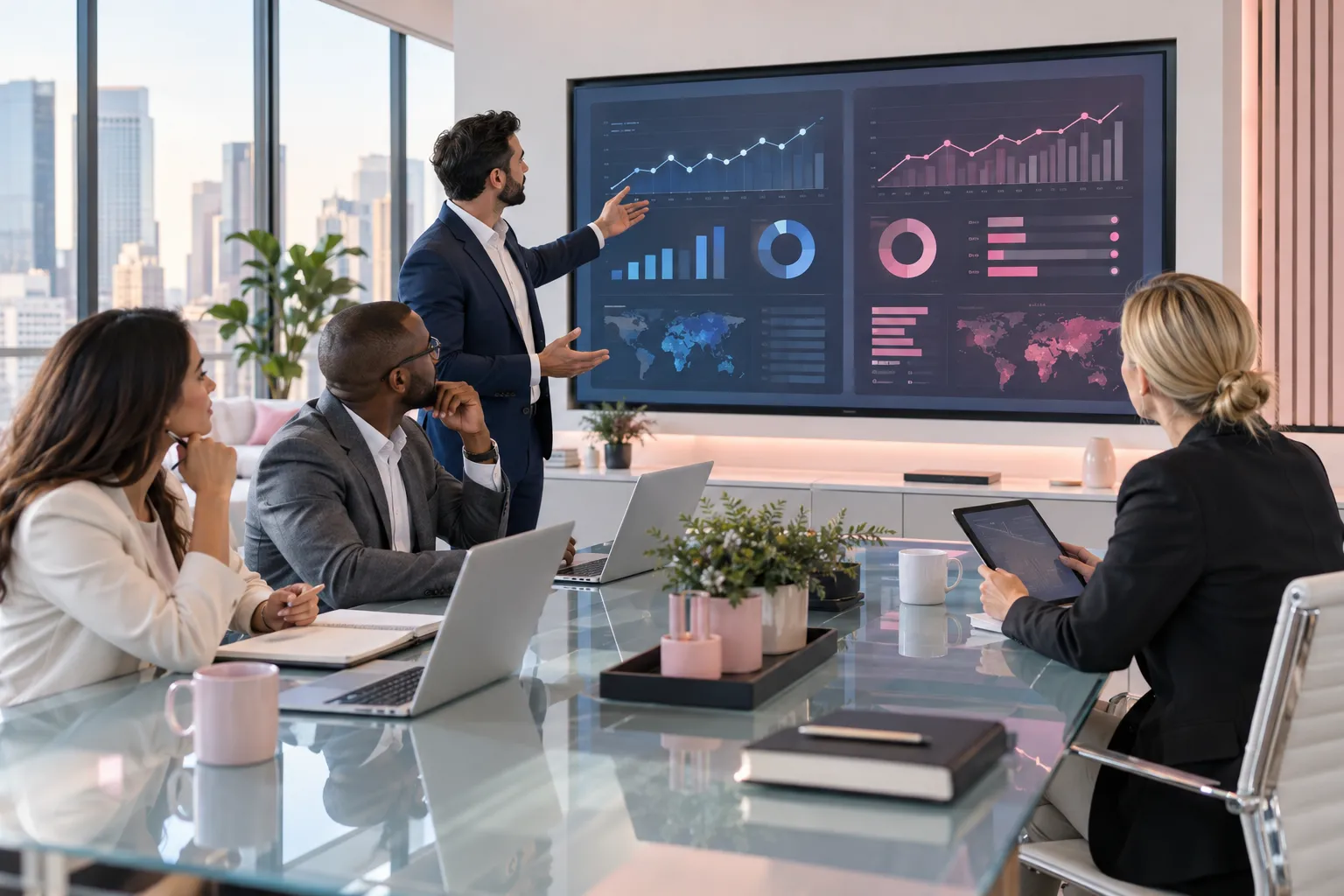 Professional Amazon FBA sellers collaborating on strategy in modern office