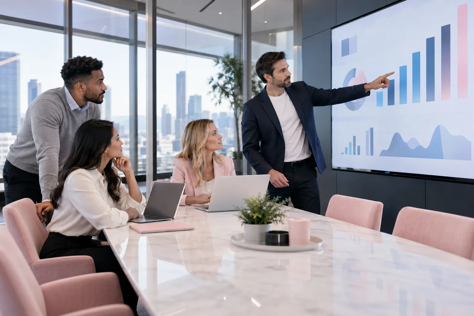 Business professionals collaborating on Amazon FBA strategy in modern office
