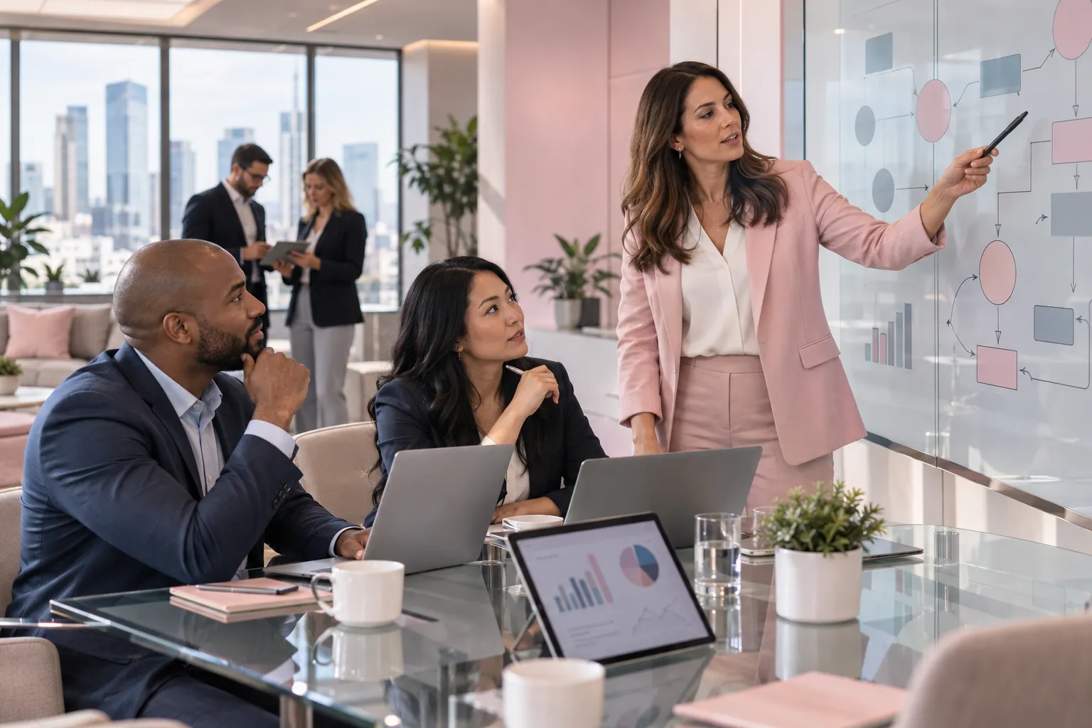 Business professionals collaborating on strategic planning in modern office
