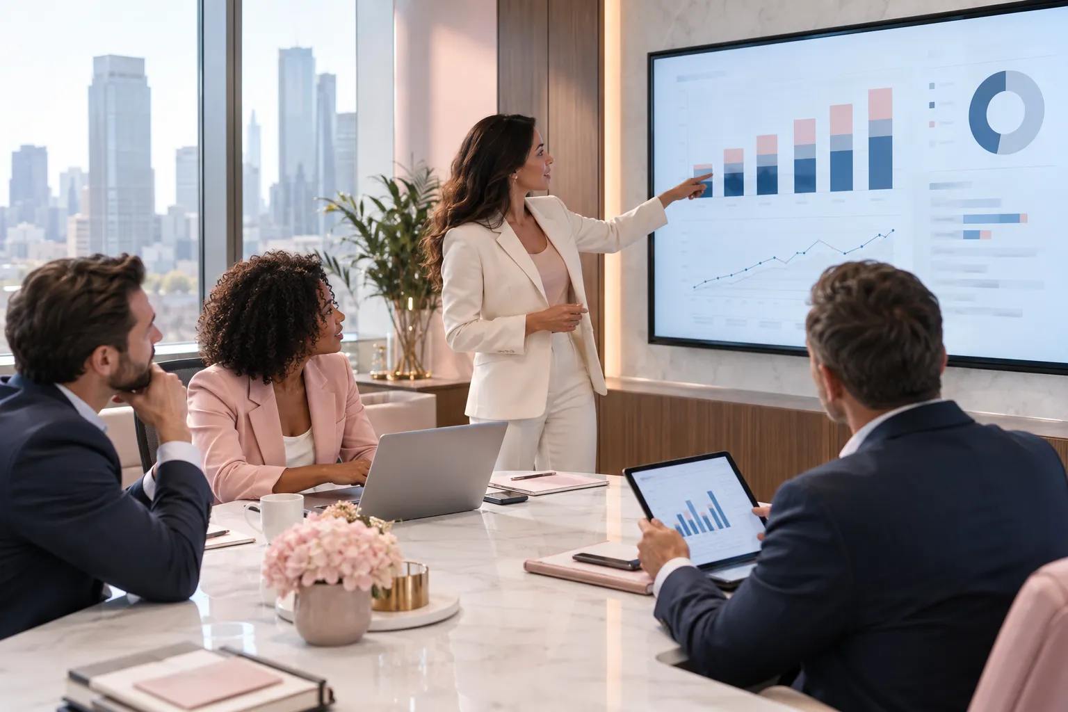 Business professionals collaborating on stacked Amazon FBA fee breakdown chart