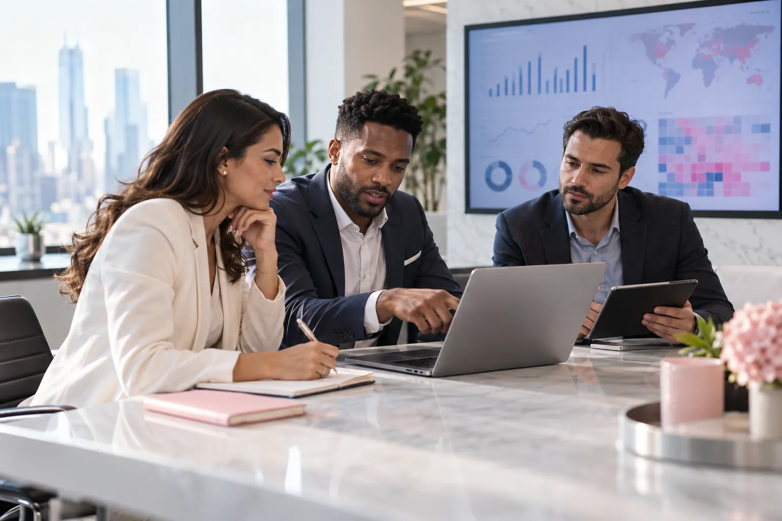 Business professionals collaborating on strategic planning in modern office