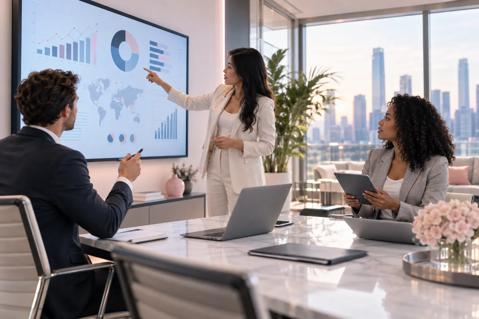 Professional Amazon FBA sellers collaborating on strategy in modern office