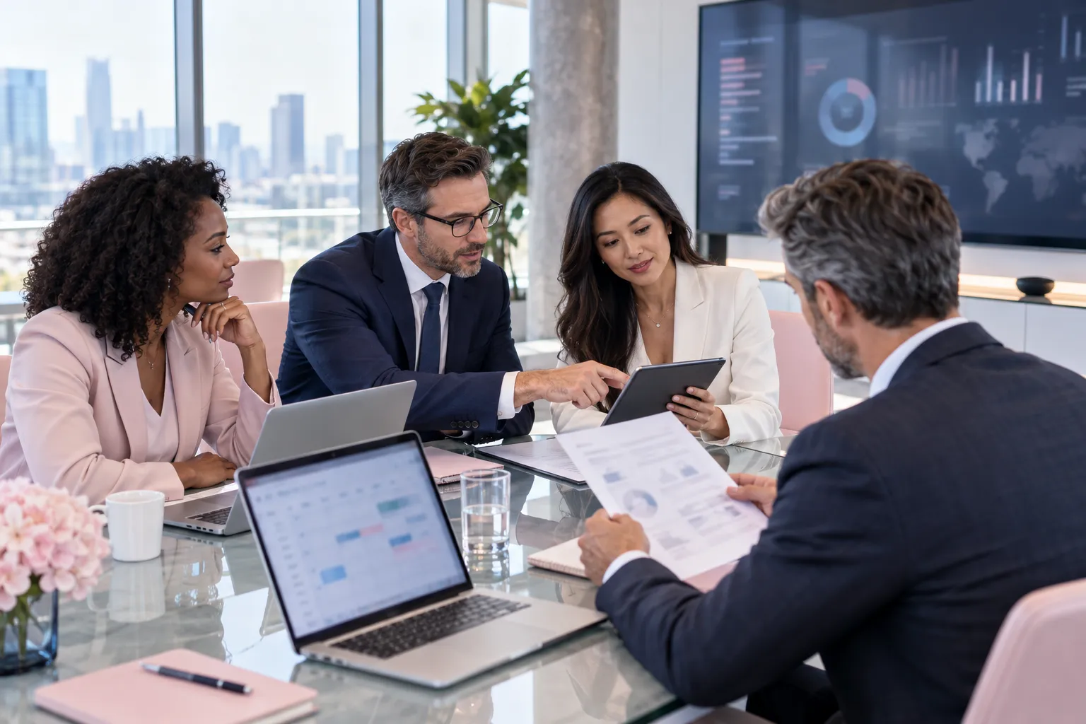 Professional business team reviewing contracts and costs in modern office