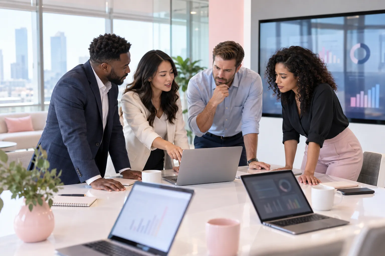 Business professionals collaborating on Amazon FBA training strategy in modern office