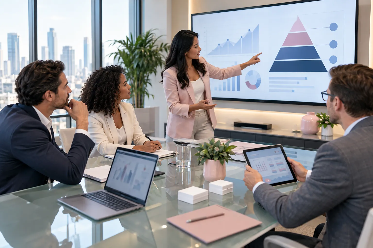 Professional team collaborating on strategic pricing plans in modern office