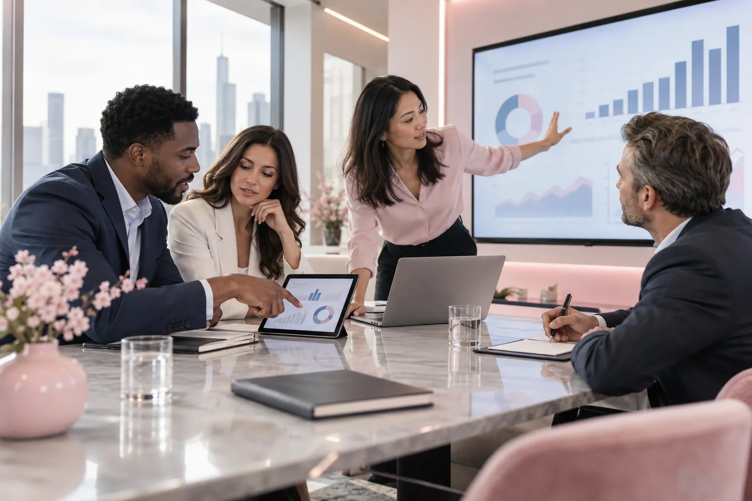 Professional business team collaborating on Amazon FBA strategy in modern office
